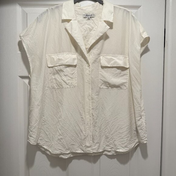 Madewell Ivory Button-Down Cap-Sleeve Utility Shirt -- 100% Silk -- size XL - Picture 5 of 8
